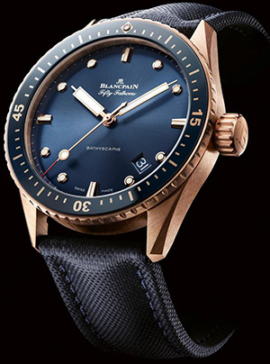 Blancpain Fifty Fathoms Bathyscaphe with blue dial and Sedna red gold.