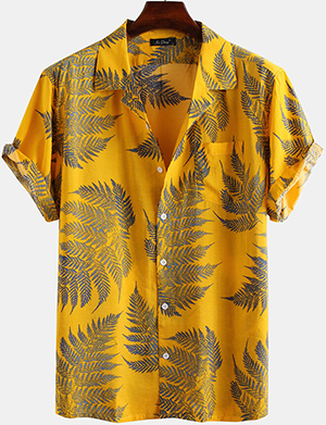 New Chic Mens 100% Cotton Leaf Printed Chest Pocket Turn Down Collar Short Sleeve Shirt: US$19.99.