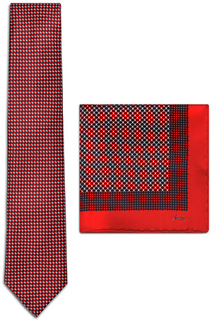 Brioni red and midnight blue silk tie set with a geometric micro-design tie & a red-bordered pocket square: US$330.