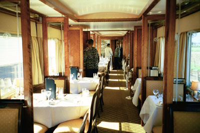 Interior of the dining car of the Blue Train (South Africa).