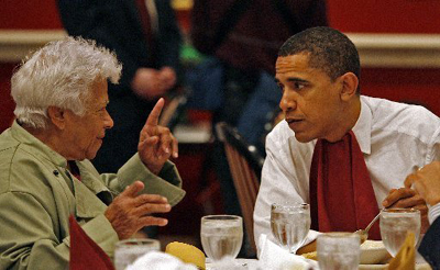 Then-presidential candidate and Illinois Sen. Barack Obama ate gumbo with restaurant owner Leah Chase during his visit to Dooky Chase's Restaurant on February 7, 2008.