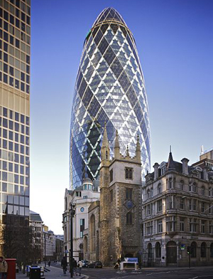 30 St Mary Axe (colloquially referred to as the Gherkin) by Norman Foster (2003).