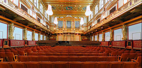 Goldener Saal in the Wiener Musikverein designed by Danish architect Theophil Hansen in the Neoclassical style of an ancient Greek temple inaugurated on January 6, 1870.