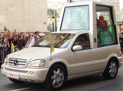 Pope Benedict XVI in a modified Mercedes-Benz M-Class popemobile in São Paulo, Brazil in May 2007.