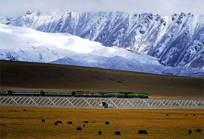 A train pulled by an NJ2 locomotive travels on the Qingzang railway in 2008.