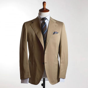 Tan single-breasted solaro cotton suit, 9/10 oz Caccioppoli cloth from bespoke Naples tailor Formosa.