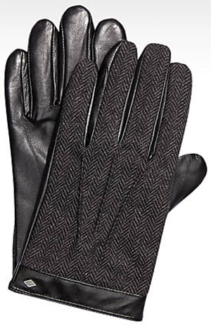 Joseph Abboud Black Leather & Wool Herringbone Gloves: US$95.