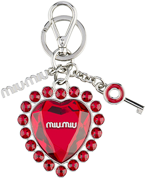 Miu Miu Embossed metal keychain with Plexiglas element surrounded with Swarovski crystals at its center: US$195.