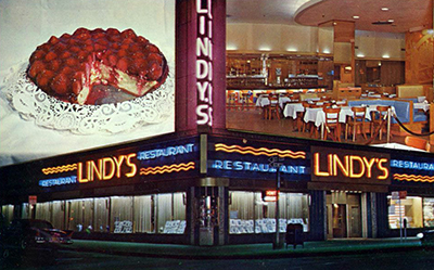 Postcard photo of Lindy's Restaurant at Broadway and 52st Street in New York City.