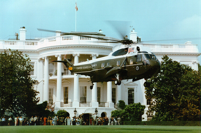 Marine One lifting off from the White House South Lawn.