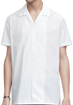 Acne Studios Ody Tech white is a laser cut poplin men's shirt with a boxy fit: US$400.