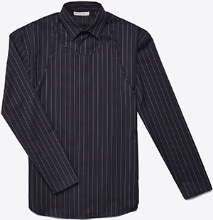 J.W.Anderson classic pinstripe shirt is given a twist with a bib-front panel that buttons at the side-seam: US$710.