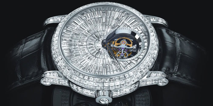 Blancpain Spécialités Tourbillon Diamants Watch. Features 735 diamond stones (20.14 carats) encrusted on a 18k white gold 3 piece case set and 29 added jewels placed on the automatic caliber 25A tourbillon movement. Price: US$1,342,700.