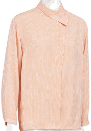 Hermès asymmetrical collar dress shirt in gingerbread brown striped silk: US$1,775.