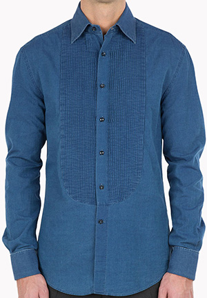 Brunello Cucinelli Denim dinner jacket shirt, slim-fit with plastron and French cuffs. Made In Italy: US$875.