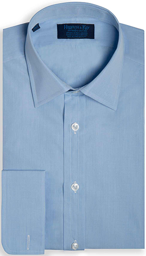 Hilditch & Key Blue end on end Sea Island quality, classic collar shirt, made from the finest two fold poplin with real shell buttons. Double cuff. 100% cotton: £215.