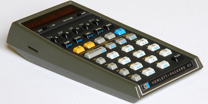 The HP-65 was the first magnetic card-programmable handheld calculator. Introduced by Hewlett-Packard in 1974 at a suggested retail price of US$795, it featured nine storage registers and room for 100 keystroke instructions. It also included a magnetic card reader/writer to save and load programs.