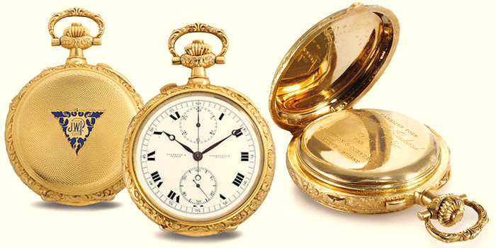 Vacheron Constantin Grand Complication, Movement No. 37555, Case No. 231922, pocket watch in 20-carat gold made for James Ward Packard in 1918 brought US$1,800,000 at Christies New York auction on June 15, 2011.