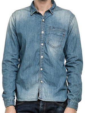 Replay Men's denim shirt with back yoke, single-button placket, two breast flap pockets: US$220.