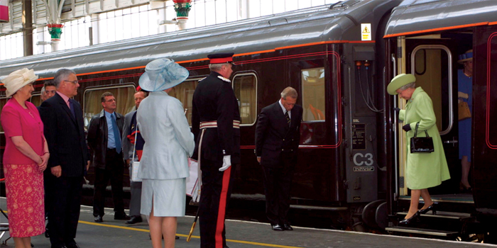 Queen Elizabeth II alights from The Royal Train.