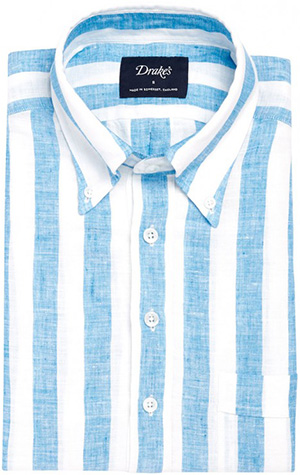 Drake's Blue/White Block Stripe Linen Popover Shirt: £175.