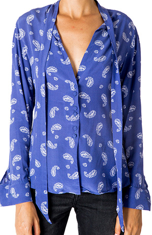 Rockins Guns & Rockins Pussy Bow Silk Shirt (Blue): £240.