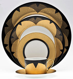 Royal Limoges 'Recamier' shape with a pattern with subtlety in black and gold created by Kenzo Takada.