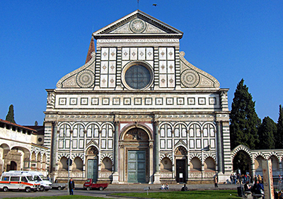 The polychrome facade of Santa Maria Novella completed by Leon Battista Alberti in 1470.