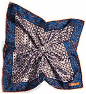 Edward Armah Orange/Navy Neat Links/Persian Border Print Pocket Square: US$75.