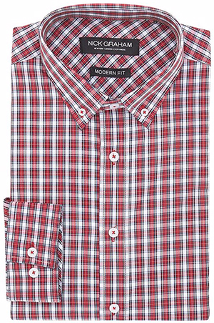 Nick Graham Men's Tartan Check Button Down Collar Long Sleeve Dress Shirt: US$59.50.